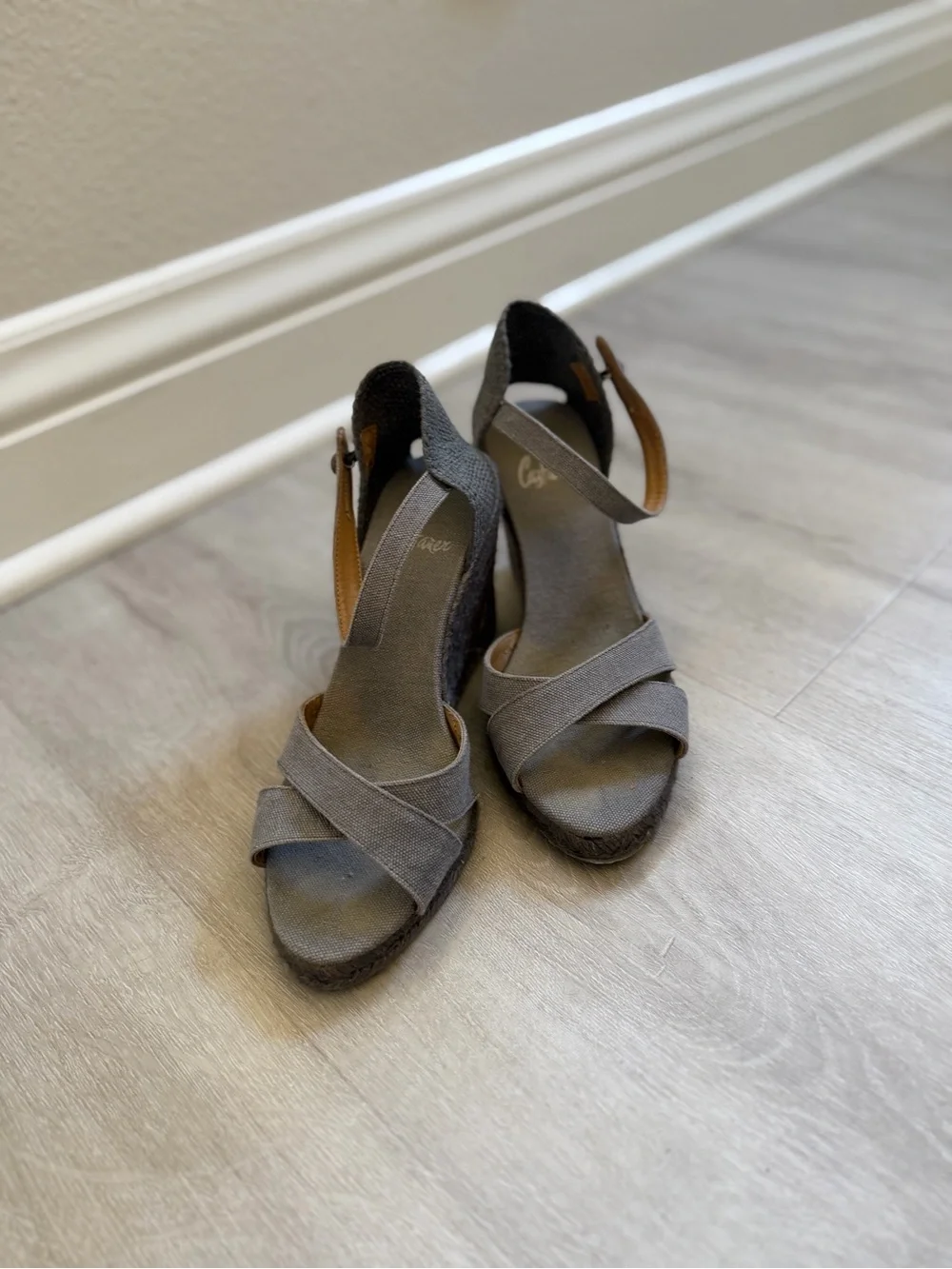 Castaner Gray Cross-Strap Wedge Sandals with Ankle Buckle